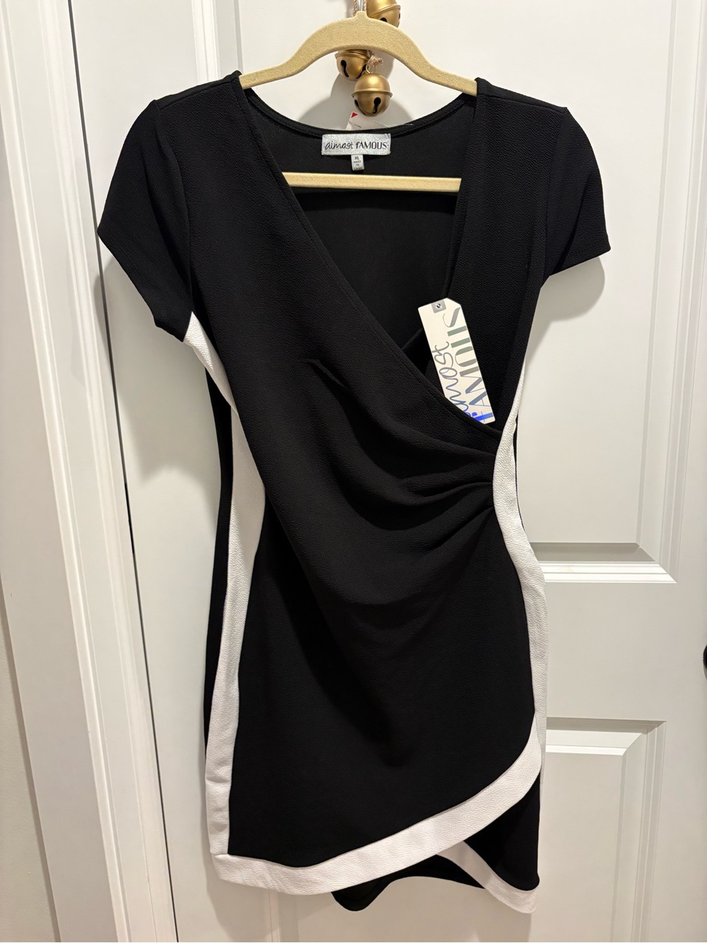 Black Faux Wrap Dress with White Trim